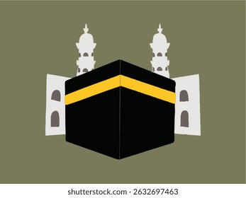 Ilustración vectorial minimalista de la Kaaba en La Meca con torres de mezquitas - Arte de símbolo islámico del Hajj para peregrinación y adoración	