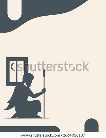 Minimalist vector illustration of a kneeling warrior holding a spear by a window with a crescent moon, symbolizing vigilance, courage, and the spirit of independence.