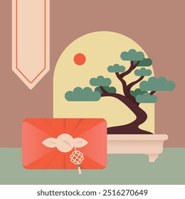 Ilustración vectorial minimalista de bonsái de pino coreano con regalo Bojagi
