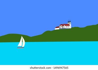 Minimalist vector illustration of lake Balaton with a sailboat and the Tihany abbey in Hungary for travel backgrounds