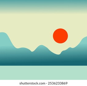 A minimalist vector illustration of a landscape with mountains and a red sun. Flat design, ideal for backgrounds and nature themes.