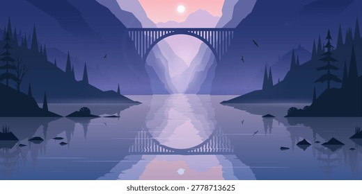 Minimalist vector illustration of a large bridge crossing a mountain canyon above a calm reflective lake at twilight, surrounded by pine forests and layered cliffs in a serene atmospheric landscape