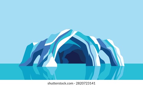 Minimalist vector illustration of a large ice cave inside a massive iceberg floating on calm ocean water under a clear blue polar sky.