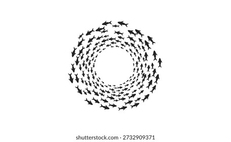Minimalist vector illustration of a large school of fish swimming in a circular formation. The black silhouettes create a dynamic spiral vortex on a white background.