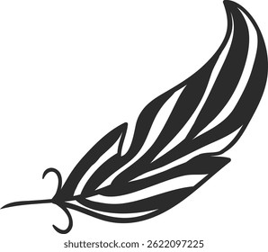 Minimalist vector illustration of a large stylized feather with thick black lines, isolated on a white background, pointing diagonally up and right