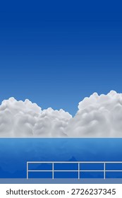 Ilustração vetorial minimalista de grandes nuvens brancas macias sobre um mar azul calmo com um simples primeiro plano de corrimão.