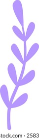 Minimalist vector illustration of a lavender sprig growing upward, featuring purple leaves and stem on a white background, ideal for nature themed designs