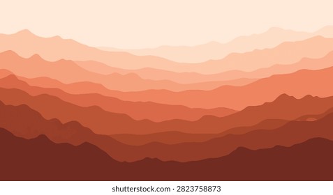 Minimalist vector illustration of layered mountain ranges in a warm monochromatic terracotta gradient. Stylized abstract landscape with undulating ridge lines and atmospheric depth.