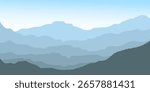 A minimalist vector illustration of layered mountains panoramic in various blue tones, creating a calm and peaceful atmosphere. 