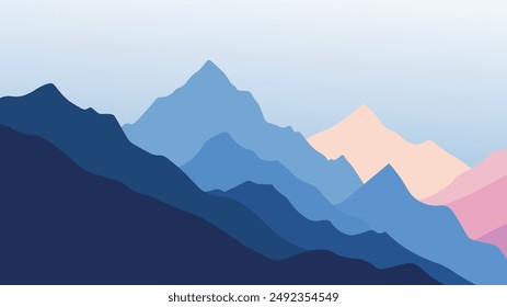 Minimalist vector illustration of layered mountains in shades of blue and pink, creating a serene and abstract landscape perfect for backgrounds and wallpapers.