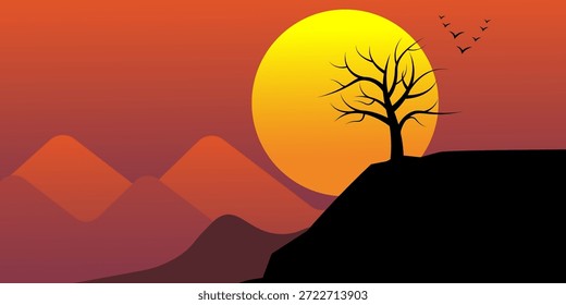 Um vetor minimalista ilustração de uma árvore sem folhas em uma encosta com montanhas e pássaros voando em um céu crepúsculo colorido. Fundo simples.