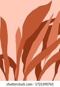 Minimalist vector illustration with leaves. Brown leaves on peachy pink background. Foliage, nature. For cards, posters, stationery, as background or template. Natural colors.