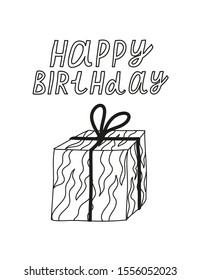 Minimalist vector illustration with lettering and present. Black and white festive image. Happy Birthday inscription.