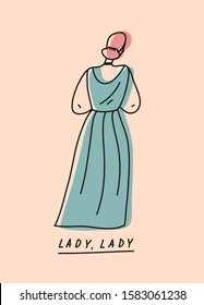 Minimalist vector illustration with lettering. Simple drawing of a girl in blue dress standing back. Lady Lady hand drawn inscription.