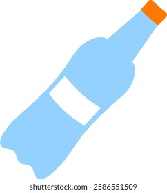Minimalist vector illustration of a light blue plastic bottle with orange cap and blank white label lying down diagonally over a white background