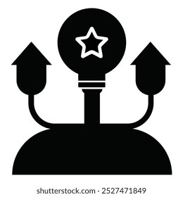 A minimalist vector illustration of a light bulb with a star in the center, symbolizing innovation. Two upward arrows represent growth or progress. Ideal for modern business and creativity themes.