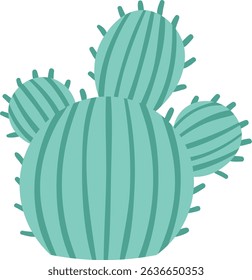 Minimalist vector illustration of a light green round cactus growing in the desert, isolated on a white background, representing concepts of nature, growth, and resilience