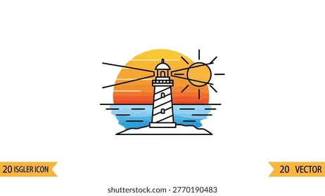 Minimalist vector illustration of a lighthouse on a small island, with the sun setting over the ocean. Nautical guiding beacon, maritime navigation symbol.