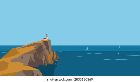 A minimalist vector illustration of a lighthouse perched on a rocky cliff overlooking a calm blue ocean with distant sailboats.
