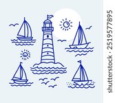 Minimalist vector illustration of a lighthouse with sailboats, sun, and seagulls in a simple line art style. Perfect for maritime themes, nautical decor, and summer designs.