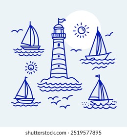 Ilustração vetorial minimalista de um farol com veleiros, sol e gaivotas em um estilo de arte de linha simples. Perfeito para temas marítimos, decoração náutica e desenhos de verão.