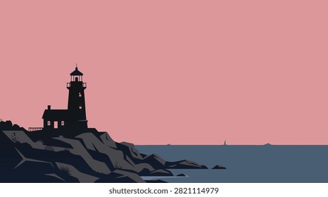 A minimalist vector illustration of a lighthouse standing on a rocky cliff overlooking the ocean during a soft pink sunset.