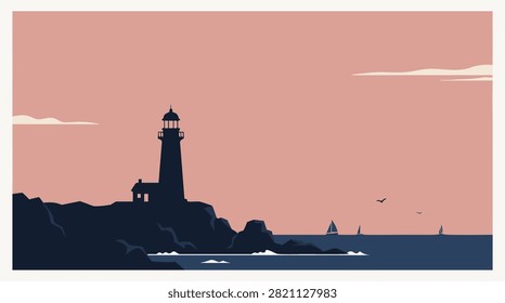 A minimalist vector illustration of a lighthouse standing on a rocky cliff overlooking the sea with sailboats in the distance during a calm sunset.
