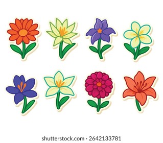 Minimalist vector illustration of lily, black petunia, magnolia, gazania, dahlia, and white lotus. Soft colors and cute style, perfect for botanical prints and elegant floral design.