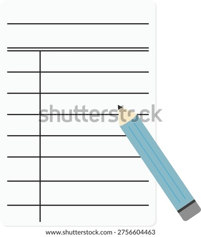 Minimalist vector illustration of a lined notebook paper with a margin and a pencil writing on it. Ideal for education, note-taking, school supplies, writing concepts, and office stationery themes.