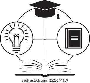 Logotipo de Ilustración vectorial minimalista con una bombilla que simboliza la innovación, con una idea brillante en el interior, acompañada de un libro que representa el conocimiento y un gorro de graduación que denota el logro 