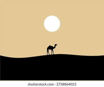 Minimalist vector illustration of a lone camel standing on sand dunes beneath a bright full moon. Featuring clean shapes and warm neutral tones, this modern desert landscape is perfect for backgrounds, posters, branding, travel themes, and contemporary design projects.