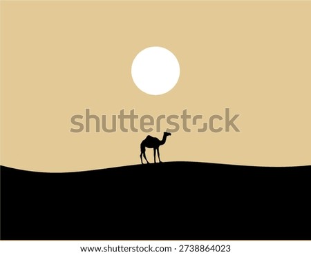 Minimalist vector illustration of a lone camel standing on sand dunes beneath a bright full moon. Featuring clean shapes and warm neutral tones, this modern desert landscape is perfect for backgrounds, posters, branding, travel themes, and contemporary design projects.