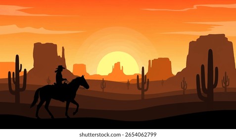 Ilustração Vetorial Minimalista da Silhueta de Cowboy Solitário a Cavalo Contra o Pôr do Sol Ocidental Vibrante com Saguaro Cactus e Monument Valley Rock Formações