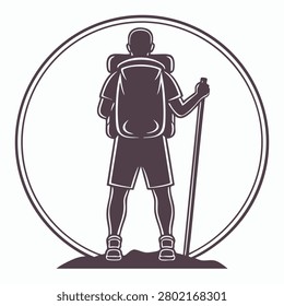 Minimalist vector illustration of a lone hiker carrying a large backpack while holding a wooden walking stick for trekking adventures