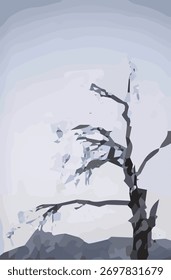 Ilustração vetorial minimalista de uma árvore solitária num ambiente calmo, simbolizando solidão e tranquilidade.