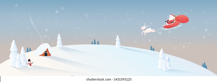 Minimalist vector illustration of a lonely house at the mountain. Santa claus on open sleigh with reindeer come.Blue and white Christmas tone with noise and grainy.Concept of Happy simple in X mas day