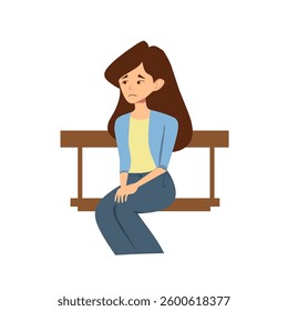Minimalist vector illustration of a lonely woman sitting on a bench, expressing sadness and deep thought. Perfect for emotional concepts, depression awareness, and self-reflection themes.