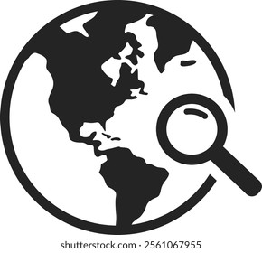 Minimalist vector illustration of a magnifying glass inspecting planet earth, representing concepts like global research, exploration, analysis, and discovery