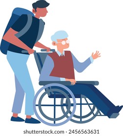 Minimalist Vector Illustration of Man Assisting Senior in Wheelchair for Health Services and Social Programs
