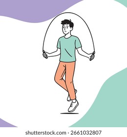 Ilustração vetorial minimalista de um homem exercitando-se em cores pastel macias. Design limpo, corpo completo, estilo calmo e moderno. Representa movimento, saúde, fitness e bem-estar cotidiano.
