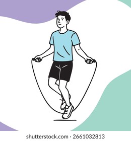 Ilustración vectorial minimalista de un hombre ejercitándose en suaves colores pastel. Diseño limpio, cuerpo completo, estilo tranquilo y moderno. Representa el movimiento, la salud, la forma física y el bienestar diario.
