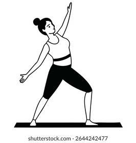 Ilustração vetorial minimalista de um homem praticando Trikonasana (Pose Triangular), delineado em linhas pretas limpas em um fundo branco.