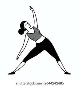 Ilustração vetorial minimalista de um homem praticando Trikonasana (Pose Triangular), delineado em linhas pretas limpas em um fundo branco.