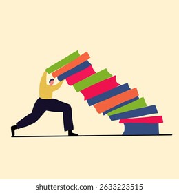 Uma ilustração vetorial minimalista de um homem lutando para segurar uma grande pilha de livros coloridos. Simboliza estresse, sobrecarga, responsabilidade ou trabalho árduo na educação ou na carreira