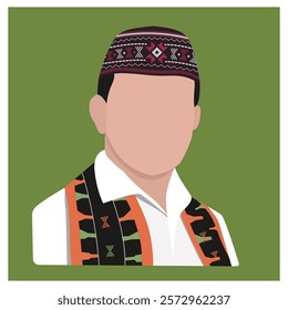 A minimalist vector illustration of a man wearing traditional Manggarai attire, featuring a woven hat and intricately designed shawl