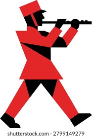 A minimalist vector illustration of a marching band member playing a flute, featuring bold geometric shapes in red and black, isolated on a white background.