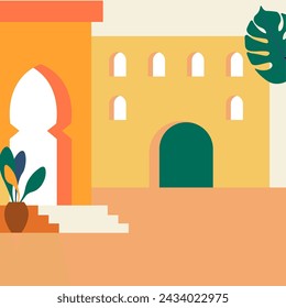 Minimalist vector illustration of a Mediterranean coastal town, with a focus on geometric shapes and pastel colors.