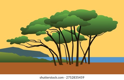 Minimalist vector illustration of Mediterranean pine trees on a coastal beach against a warm sunset sky.