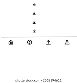 Minimalist vector illustration of mobile app user interface with navigation bar icons including home, finance, upload, and profile. Simple flat design with arrows pointing down for guidance 
