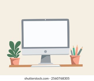 Minimalist vector illustration of a modern desktop setup with a computer monitor, a small potted plant, and a pencil holder on a wooden table. Clean design perfect for office, workspace, or productiv